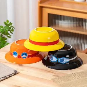 Luffy-yellow hat bowl, Ace-orange hat bowl, Sabo-black hat bowl set, with spoon and chopsticks, anime-themed ceramic rice bowl, with exquisite packaging box, microwaveable