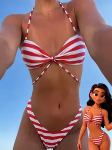 Ladies swimsuit; sexy fashion; red two-piece swimwear; summer beach; bikini set; Striped Print Bikini