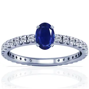Blue Sapphire Oval and Diamond Ring - (14k White Gold)- R65544REBS