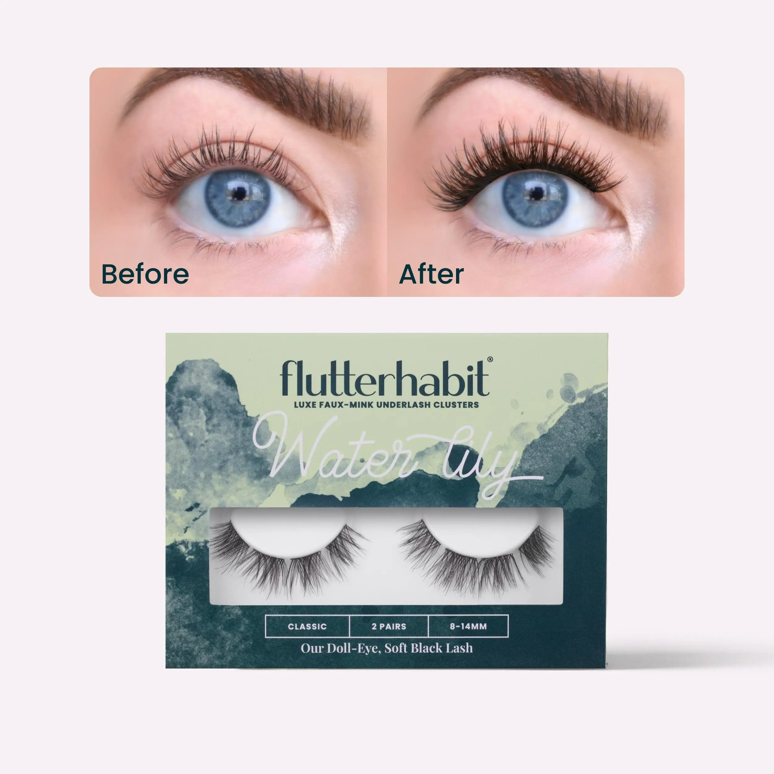 FlutterHabit Water Lily 2-Pair DIY False Eyelash Extensions 8-14mm Classic C Curl Mixed Black Brown Under Lash Application Method