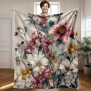 1 piece Retro style multicolor floral plant painting themed flannel blanket - Microfiber soft fluffy sofa blanket, suitable for beds and sofas, modern style, all-season use, digital print design, flannel weaving craft, 100% polyester material