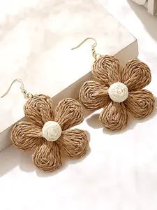 Handmade Raffia Flower Earrings Statement Tropical Bohemian Straw Dangle Hook Earrings Natural Rattan Vacation Style Round Earrings for Women Summer Beach Party Essential Jewelry Boho Style Jewelry