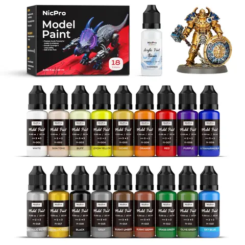Nicpro Miniature Acrylic Paint Set - 0.68 fl oz Pre-Thinned, Easy to Use & Highly Versatile, High Opacity, Smooth Flow, Brush/Airbrush Compatible, Beginners/Experts, Strong Surface Adhesion, with Thinner & Color Wheel for Figures (Art Supplies)