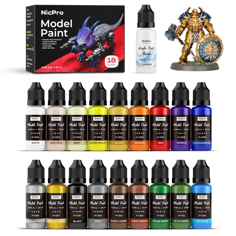 Nicpro Miniature Acrylic Paint Set - 0.68 fl oz Pre-Thinned, Easy to Use & Highly Versatile, High Opacity, Smooth Flow, Brush/Airbrush Compatible, Beginners/Experts, Strong Surface Adhesion, with Thinner & Color Wheel for Figures (Art Supplies)