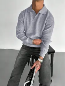 Men's Autumn Winter Casual Loose Fit Polo Shirt, Small V Neck Long Sleeve Pullover Sweater, Plain Color Knit Top for Daily Wear
