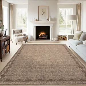 GARVEE Washable 8x10 Low Pile Rug for Living Room with Non-Slip Backing, Lightweight and Foldable Floor Cover Featuring Modern Waven Border Design, Ideal Indoor Throw Carpet in Coffee Color
