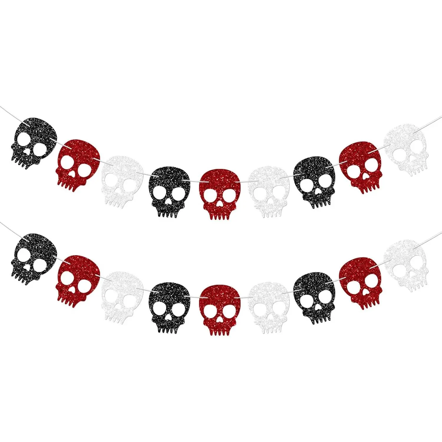 2PC Black/Silver/Red Skull Garland for Halloween Party Decorations Glitter Skull Banner for Gothic Birthday Decorations Supplies