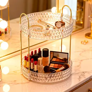 Gold Rotating Makeup Organizer for, 2-Tier Large Capacity Perfume & Skincare Organizer with Brush Holder, 360° Countertop Organizer for Cosmetics, Jewelry & Hair