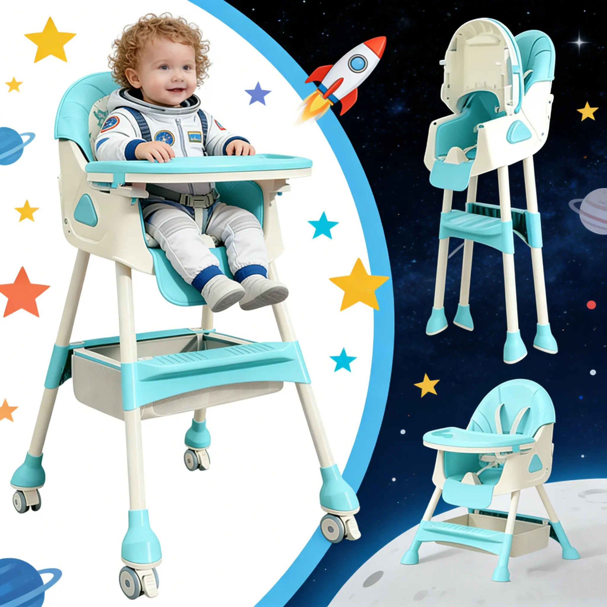 Foldable Baby Dining Chair 3-in-1 with Dual Trays, 5-Position Sliding Tray, Built-in Phone Holder, 2-Level Height Adjustment, Convertible Low Seat, Toy Bar, Easy-Clean Feeding Design with Lockable Wheels and Storage Rack
