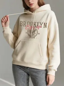 Women's Retro Eagle Logo Brooklyn Letter Print Hoodie, Thick Fleece Lined, Loose Fit, Fall & Winter Streetwear, New Arrival