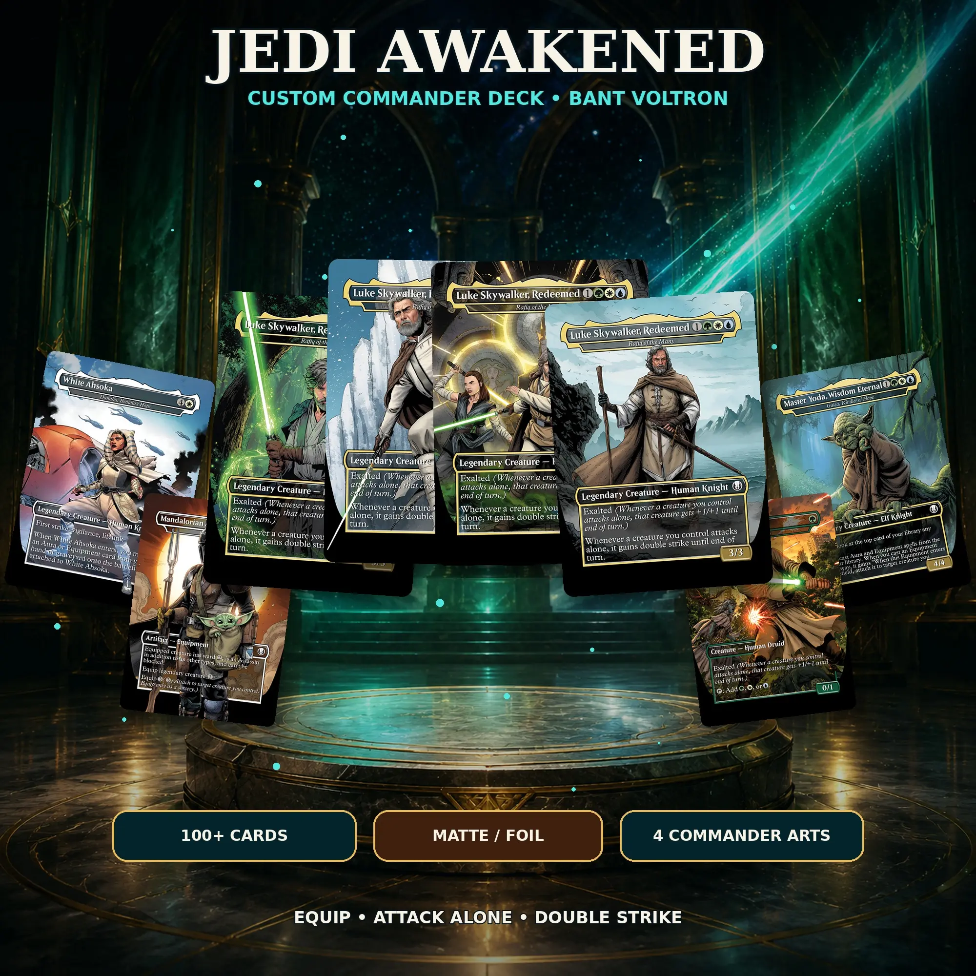 Jedi Awakened Luke Skywalker Inspired Complete Commander Deck – 100+ Cards, Bant Exalted Voltron, Double Strike, Equipment & 4 Commander Arts