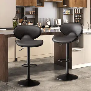 Bar Stools Faux Leather Bar Stools with Back, Chic Swivel Counter Stools with Footrest, Adjustable Kitchen Stools for Kitchen and Bars, Black