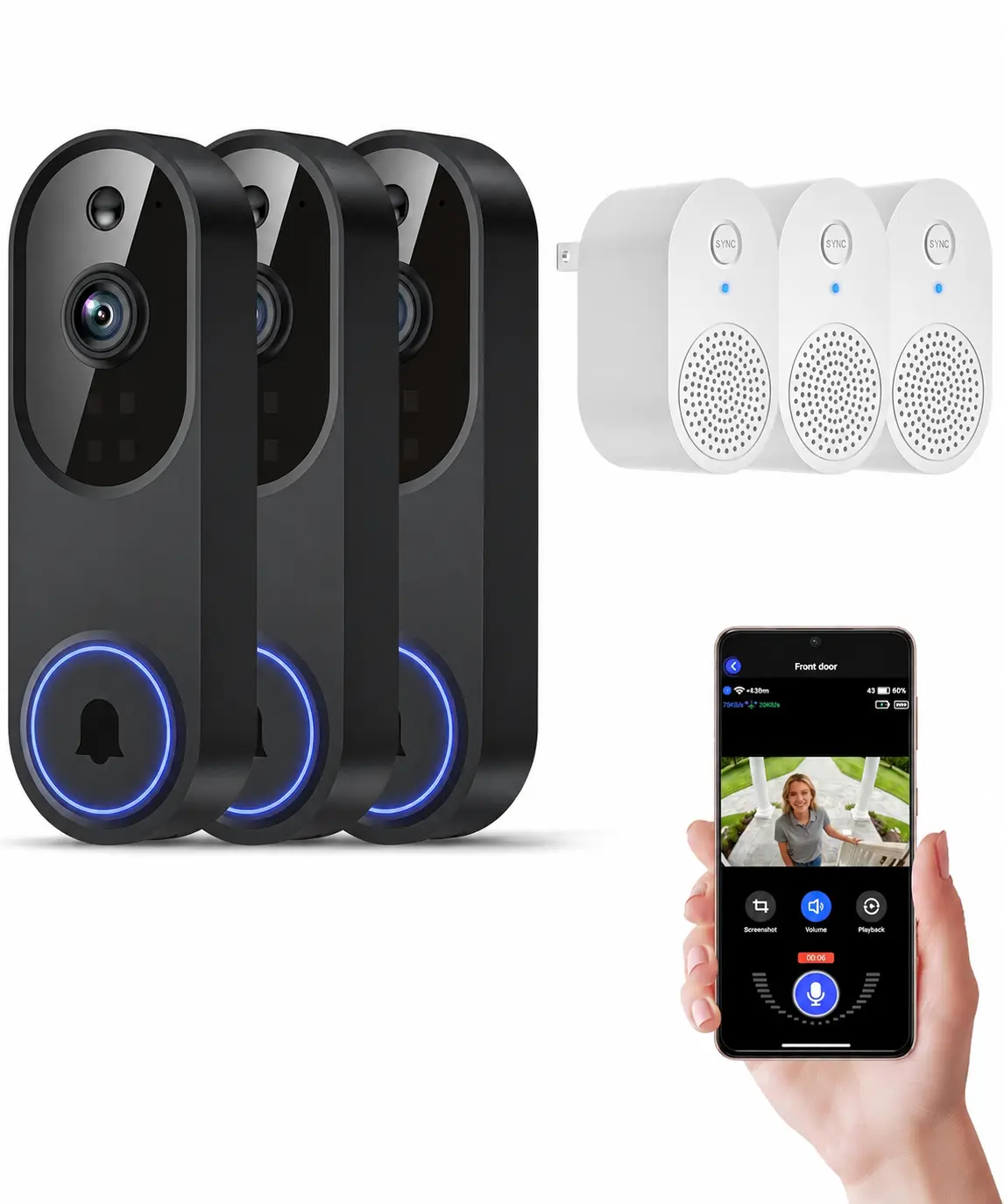 (3 Pack) 1080P Wireless Video Doorbell Camera, Outdoor Surveillance Cameras, FHD Live View, Cloud Storage, AI Human Detection, Instant Alert, Night Vision, Two Way Audio, 2.4G WiFi Only