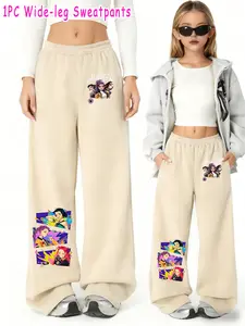 Girls Kpop Demon Hunters Korean Fashion Loose Fit Wide Leg Pants, Cartoon Anime Print Casual Trousers, Spring & Fall Comfortable Wear