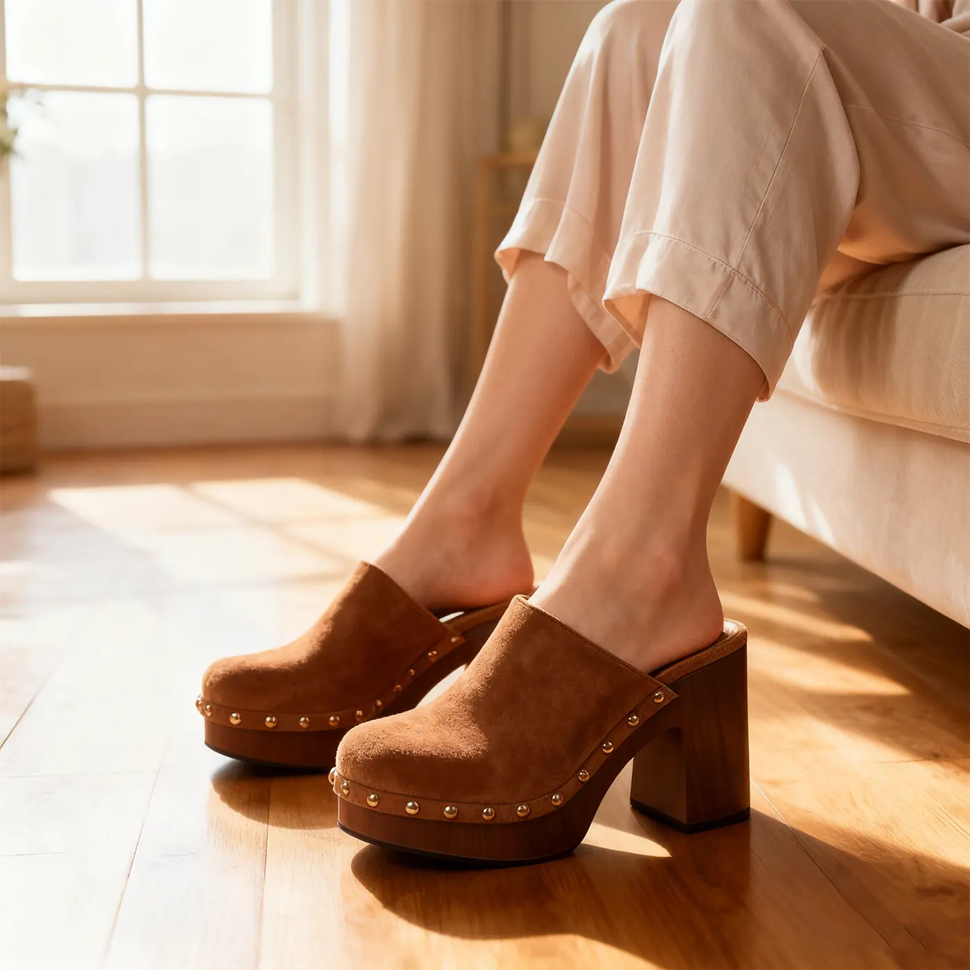 【Ameri VINTAGE】 STUDS WOOD HEEL BABOOSH EROCALL Suede Mules for Women with Gold Studs Detail Wood Platform