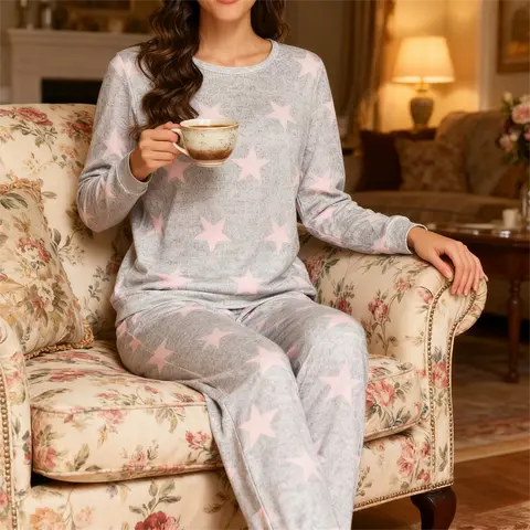 Womens Star Print Jogger Pajama Sets Long Sleeve Sleepwear Round Neck Nightwear Soft Pjs Lounge Sets with Pockets for Home & Outer Layering