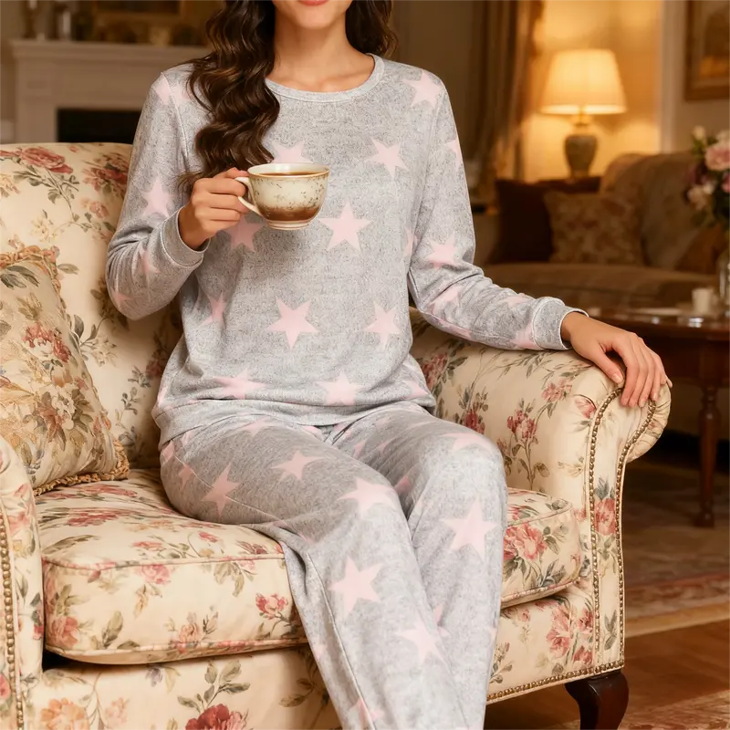 Womens Star Print Jogger Pajama Sets Long Sleeve Sleepwear Round Neck Nightwear Soft Pjs Lounge Sets with Pockets for Home & Outer Layering