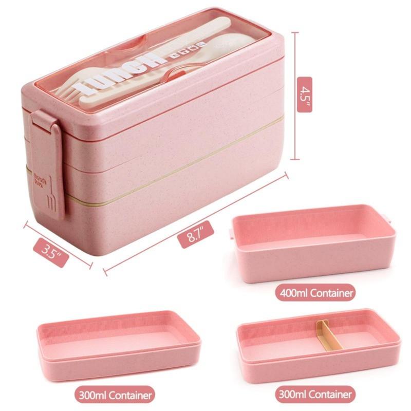 35-Piece Lunch Box Kit Leakproof Bento Lunch Box for Adults Wheat Straw 3-Layer Stackable Lunch Containers with Compartments Eco-Friendly Meal Prep Containers (Pink) Three-Compartment Leak-Proof