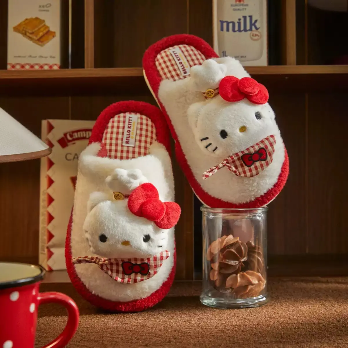 Bow Hello Kitty Closed‑Toe Plush Slippers, Warm Fleece Lined Indoor House Shoes for Fall Winter