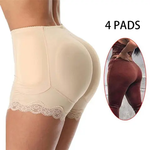 Women's Padded Panties with 4 Pads - Sexy Fake Ass Butt Lifter Knickers Low Waist Underwear Booty Hip Enhancer Shorts Full Cover Pads Under Dress Fit Nylon & Spandex Seamless Elastic Comfortable Basic Lace Shapewear Womenswear Leggings Slim Smooth summerw
