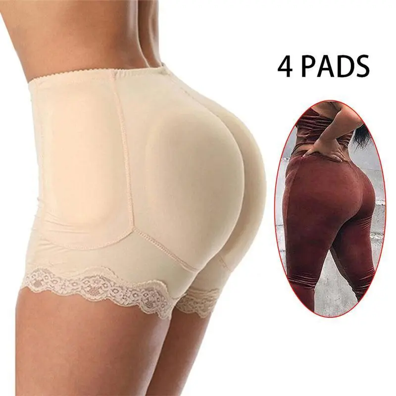 Women's Padded Panties with 4 Pads - Sexy Fake Ass Butt Lifter Knickers Low Waist Underwear Booty Hip Enhancer Shorts Full Cover Pads Under Dress Fit Nylon & Spandex Seamless Elastic Comfortable Basic Lace Shapewear Womenswear Leggings Slim Smooth summerw