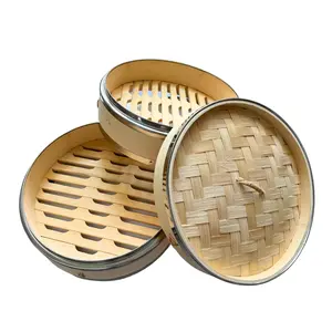 THY Collectibles 2-Tier Bamboo Steamer Basket Set with Stainless Steel Barding - Ideal for Cooking Seafood, Dumplings, Buns & Rice - Cookware