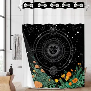 1pc hookless shower curtain with buckle lining, Geometric shower curtain, sun totem starry sky design 2D printing, fabric waterproof lined with window, double-layer, 71 x 74 inches, modern home decoration
