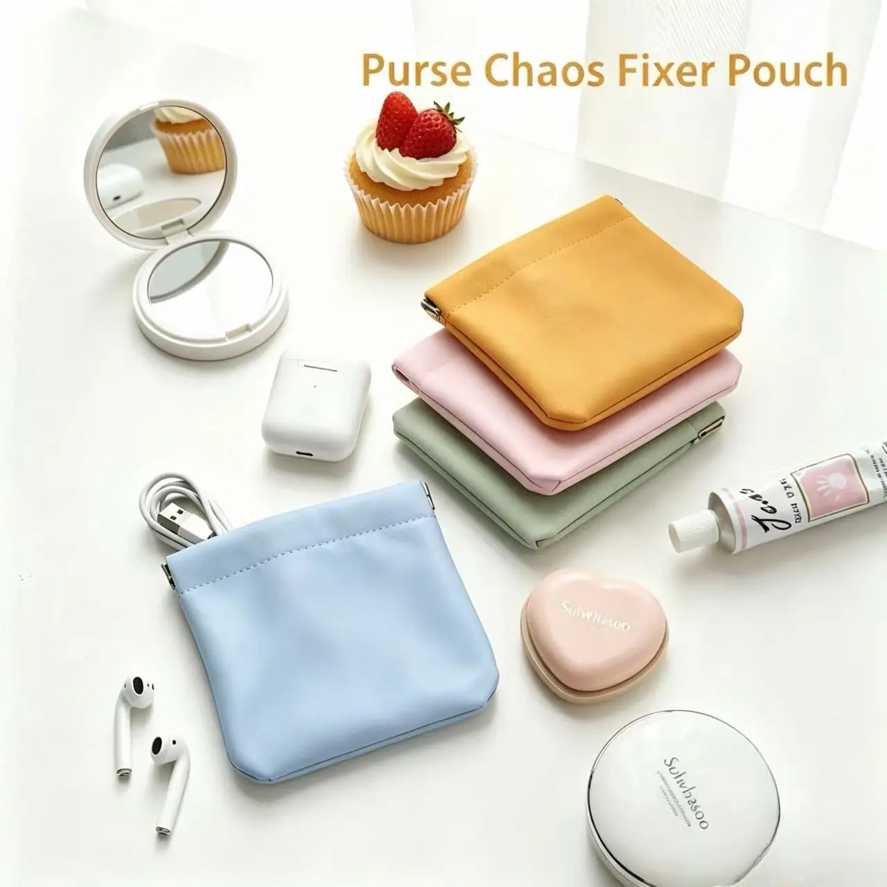 Mini Purse Chaos Fixer Pouch Auto Closure Snappy Pouch For Keys/Changes/Coins/Lipstick/Cards Bag essentials in Marshmallow Colors Cosmetic Accessories Organizer Makeup Pouch Waterproof Pouch Glossy Pack