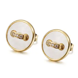 Stainless Steel White Shell Metal Button Studs with Zircons