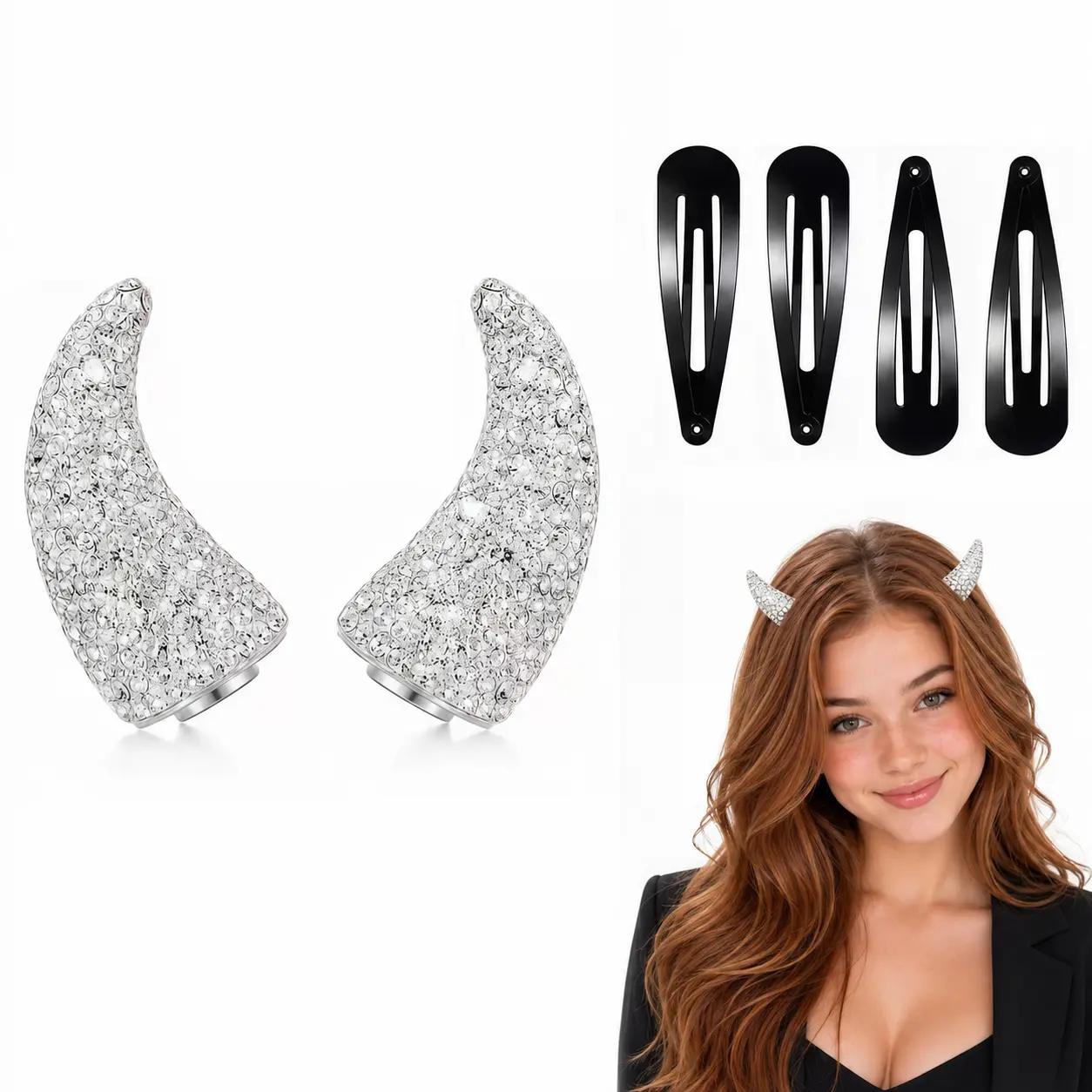 Cute Sparkle Magnetic Devil Horns Hair Clips Rhinestone Hair Accessories | Halloween Crystal Barrettes Party Cosplay Hairs Accent Hairstyle Styling Tool for Masquerade Festivals Photo