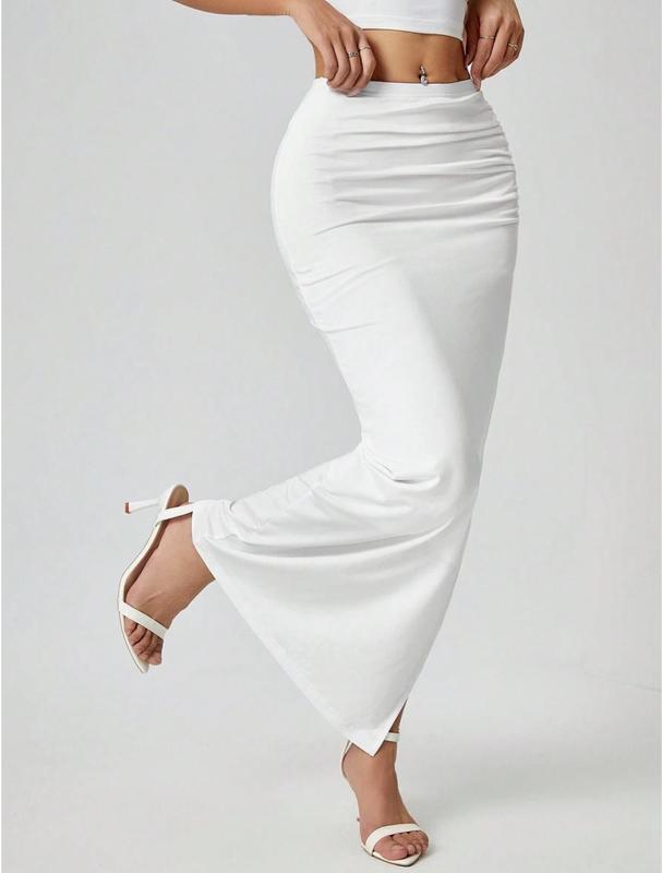 Elegant Ruched Waist Long Skirt for Women - Casual Knitted Fabric with Side Slit for Everyday Comfortable Style - All White Party Wear Womenswear Bottom