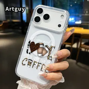 Magnetic Phone case for iPhone 17 16  Pro Max Plus 15 14 13 12 11 Air E Love coffee charm Pattern Non-Yellowing Shockproof Soft Silicone Transparent Acrylic Large Hole Cover Supports Wireless Charging