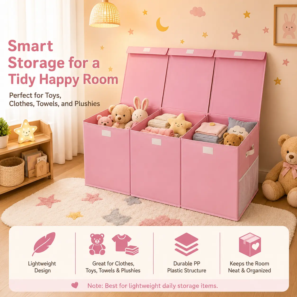 150L Rectangle Fabric Multifunctional Organizer Storage Box in Pink, Classic Compartmentalized Design, Dustproof Home Storage Bin Equipped with Lid