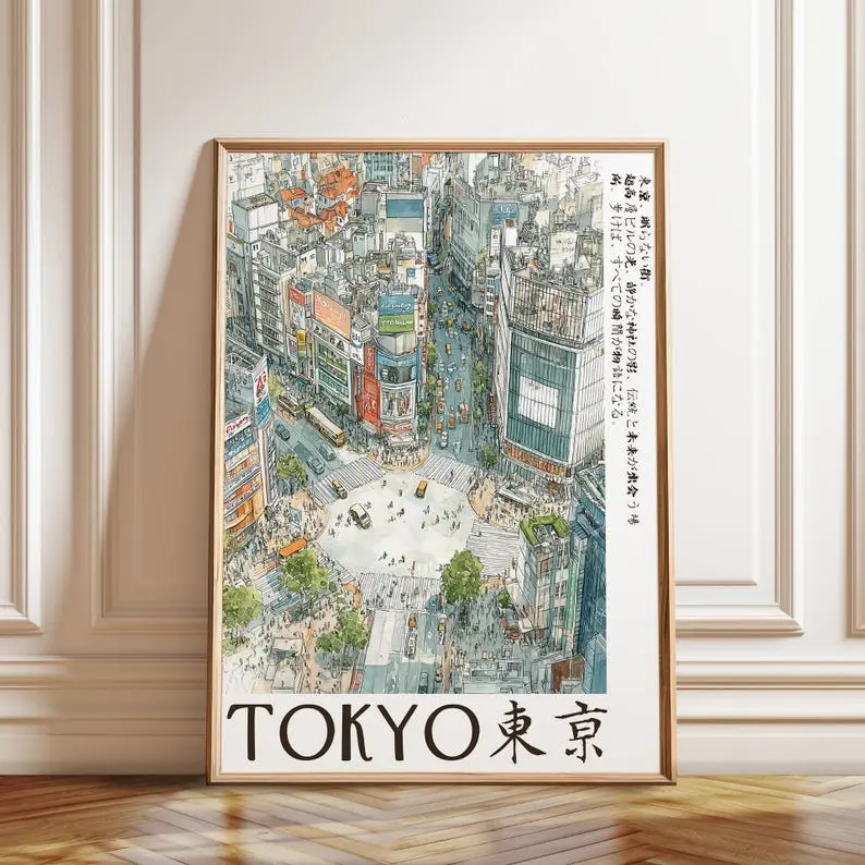 Trending Bordered Watercolor Tokyo Shibuya Crossing Unframed Art Print, Multi-Size Urban Japan Cityscape Paper Prints (11x17, 12x18, 24x24, 18x24, 27x40), Home Decor Wall Artwork for Rooms