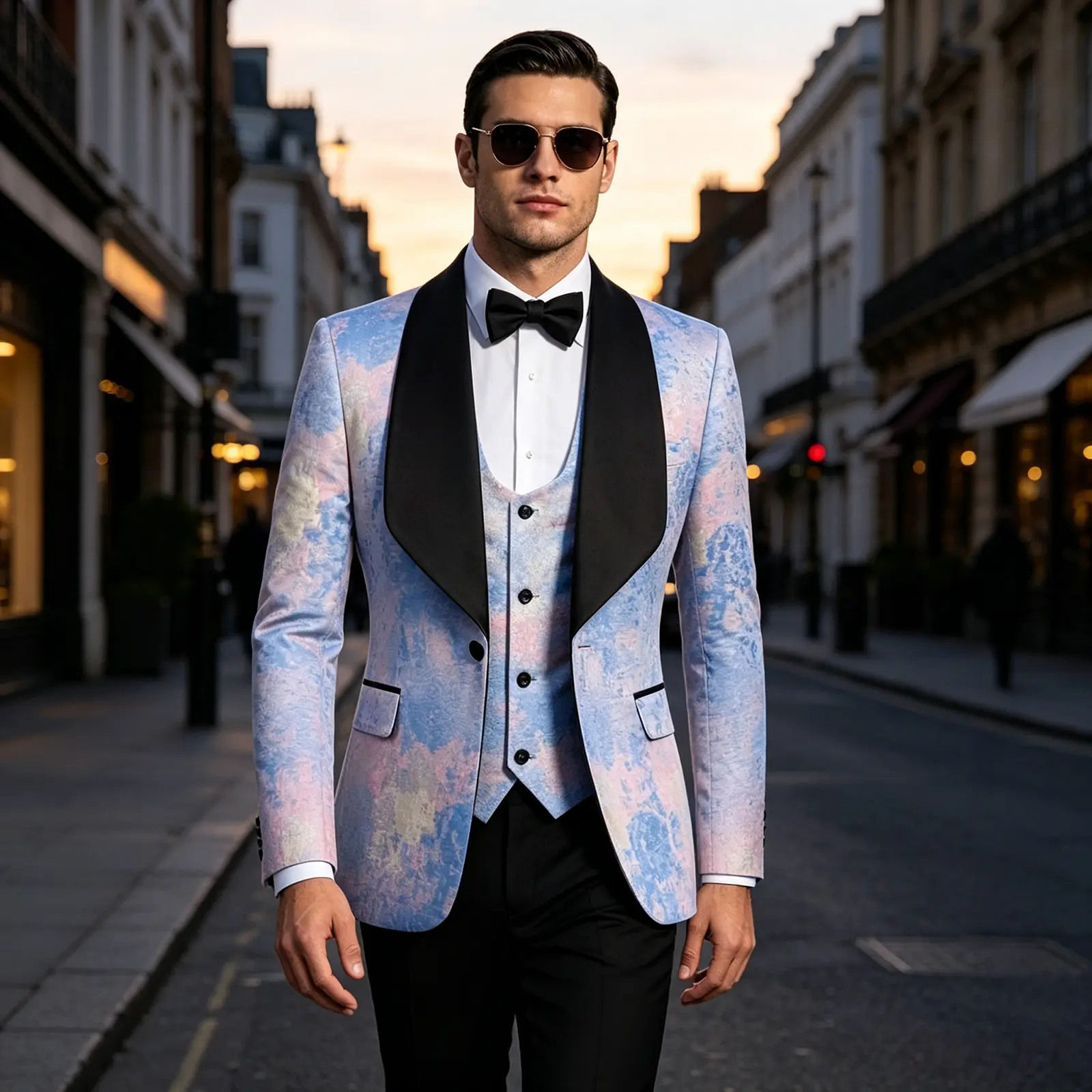 Men's 3-Piece Pink and Blue Jacquard Tuxedo Suit, Slim Fit Shawl Lapel Blazer+Vest+Black Pants Set for Wedding Prom