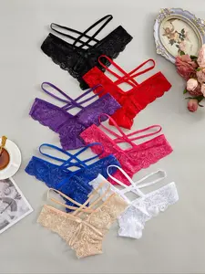 Women's Floral Lace Criss Cross Bow Decor Sheer Thong Set, Lightweight, Fall Wear, Breathable Comfortable Scallop Trim Knicker, Underwear, Lingerie Set for All Seasons