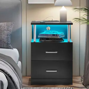 LED Nightstand with Charging Station Black