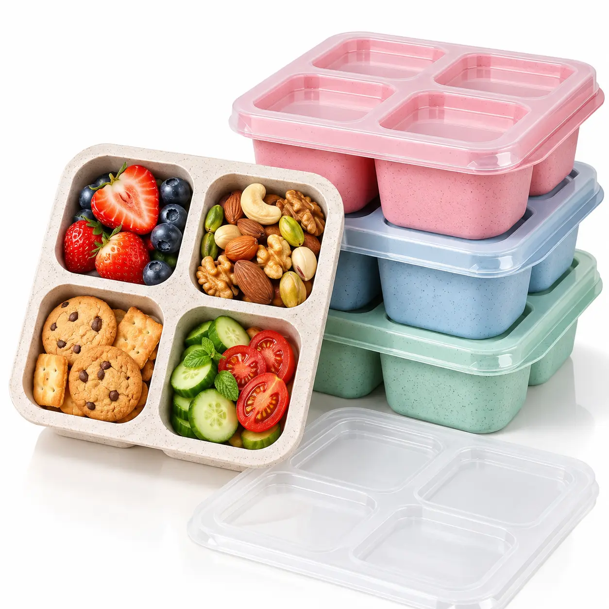 4 Pack Bento Snack Containers, 4-Compartment Wheat Straw Food Storage Boxes with Lids, Reusable Meal Prep Lunch Containers for Candy, Fruit, Nuts, Snacks, School, Work & Travel