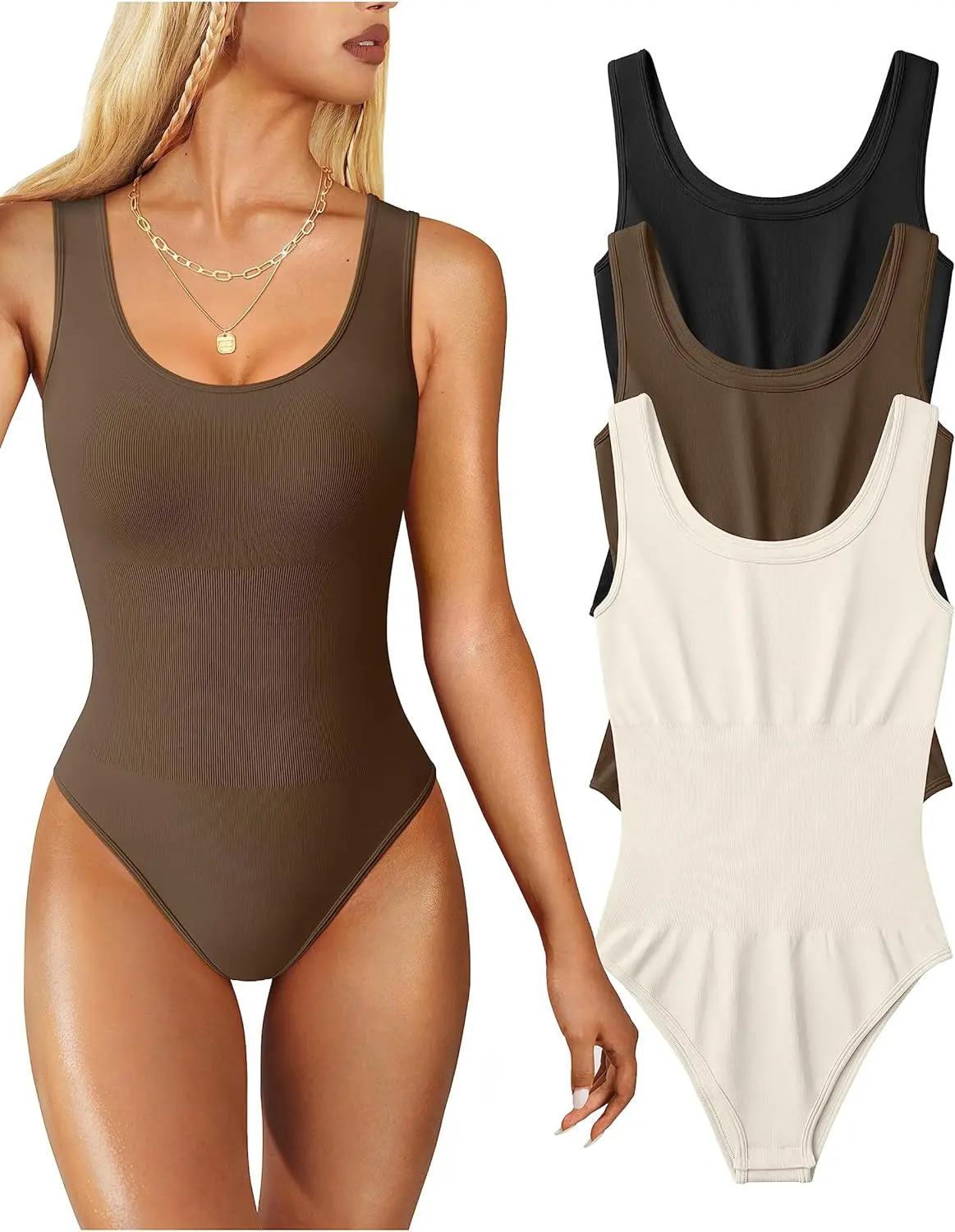 Women's 3 Pieces Bodysuits Strip Knit Seamless Sleeveless Adjustable Sexy Ribbed Shapewear Slim-fitting Womenswear Tops Lady Underwear Comfort Basic Minimalist