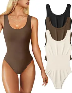 Women's 3 Pieces Bodysuits Strip Knit Seamless Sleeveless Adjustable Sexy Ribbed Shapewear Slim-fitting Womenswear Tops Lady Underwear Comfort Basic Minimalist