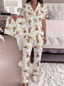 3-Piece Cartoon Monkey Print Women's Pajama Set, Short Sleeve Button-Up Top, Elastic Shorts & Pants, Elegant Fitted Sleepwear