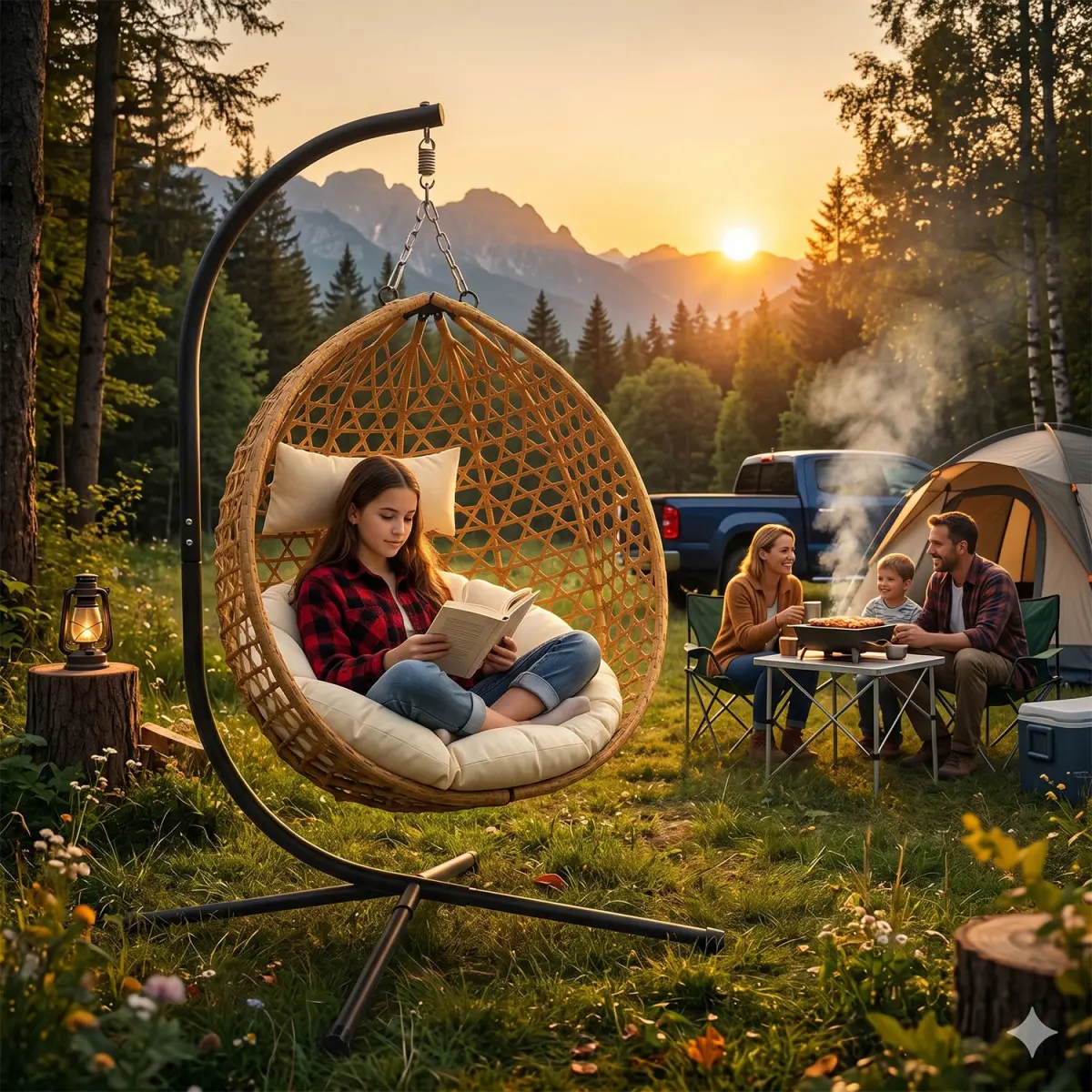 Comfortable Folding PE Rattan Hanging Egg Swing Chair with Stable Aluminum-Steel Frame, Yellow Cotton Fabric Hammock Basket, Weatherproof for Patio, Gardens, Room Decor, Indoor-Outdoor Floor Use
