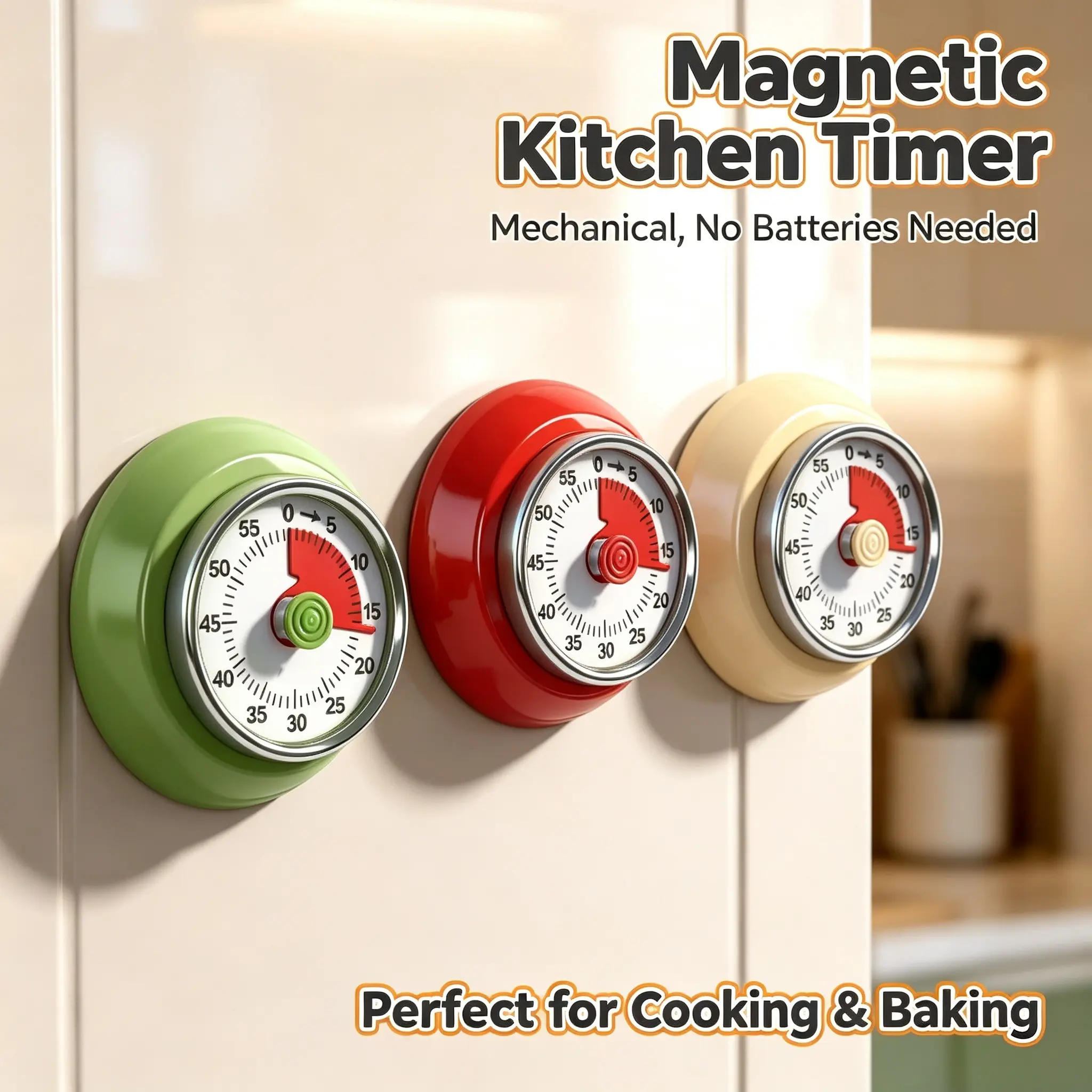 Magnetic Wind-Up Kitchen Timer, Stainless Steel Visual Dial Mechanical Timer with Loud Bell, No Batteries, Perfect for Cooking, Baking, Studying & Workouts