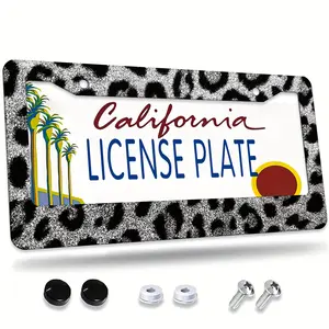1 Leopard Print License Plate Frame, Car Decoration License Plate Cover, Aluminum Alloy Rustproof Shockproof Weatherproof Standard American Car Model Special License Plate Holder