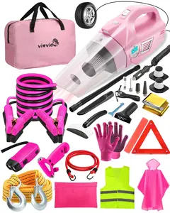 【TikTokShopHolidayHaul】Roadside Emergency Car kit for Vehicles, with 4 in 1 Inflatable Car Vacuum Cleaner, Pink Jumper Cables, Tow Rope, Vehicle Road Trip Must Haves Pink Accessories for Women.Christmas gift sets.