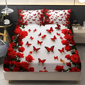 3pc Valentine's Day Red Rose Butterfly Fitted Sheet Set, Bedding Set, Decorative Bedsheet Sets, includes 1 fitted sheet and 2 pillowcases, available in single, double sizes, suitable for bedrooms, guest rooms