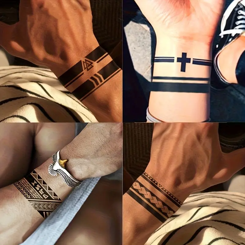 4pcs Set-Dual-Purpose Arm Ring Tattoo-Arm Ring Stickers Waterproof Temporary Fake Tattoos Dark Viking Symbol Pattern Dual-Purpose Men'S And Women'S Couple Style Geometric Geometric Pattern