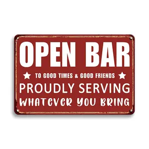 Open Bar Letter Pattern Vintage Metal Tin Sign, Signage, Humorous Funny Beer Bar Wall Hanging Poster, Retro Art Decor Plaque for Home Living Room Dining Room