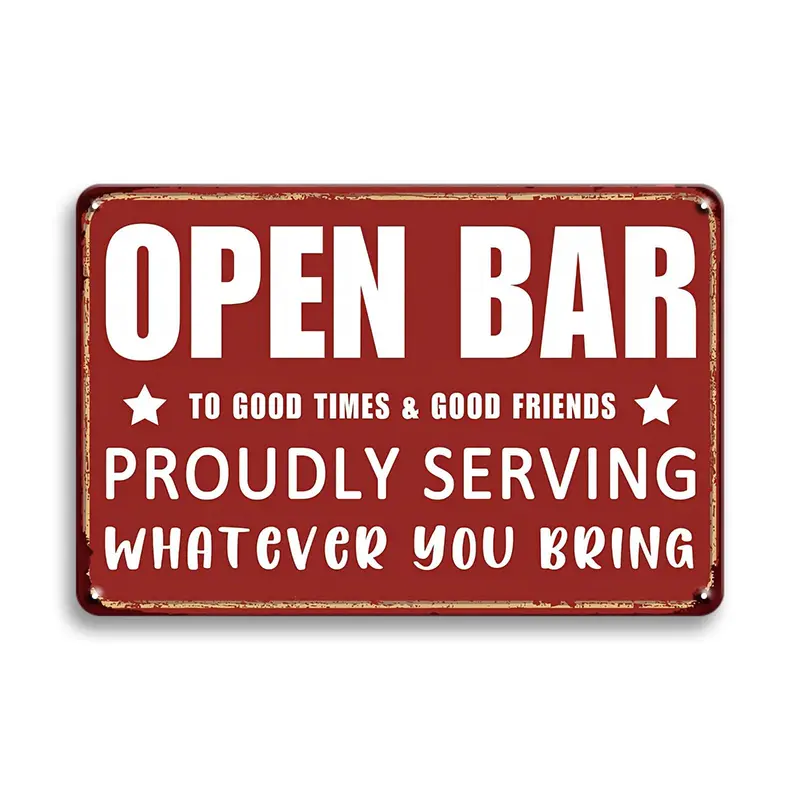 Open Bar Letter Pattern Vintage Metal Tin Sign, Signage, Bar Signs For Home Bar, Humorous Funny Beer Bar Wall Hanging Poster, Retro Art Decor Plaque for Home Living Room Dining Room