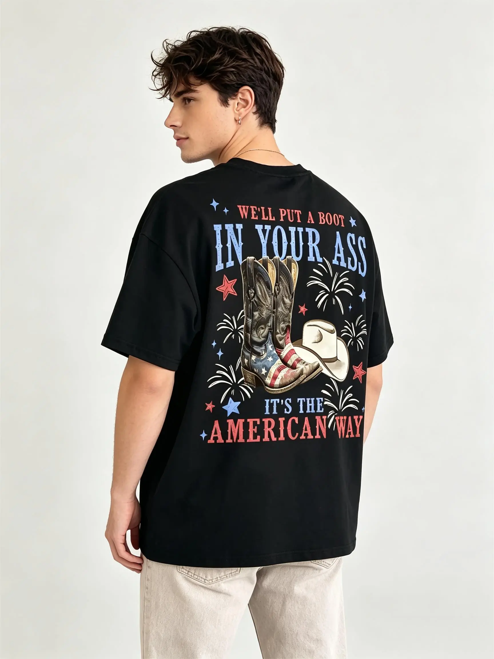 Menswear Men's Stylish Short-Sleeve T-Shirt - Gooner Eat Sleep Goon Repeat Graphic, Festive Lever Action Rifle Design, Patriotic 4th of July Cowboy Boot Print, Red White and Blue Country Music Themed Top